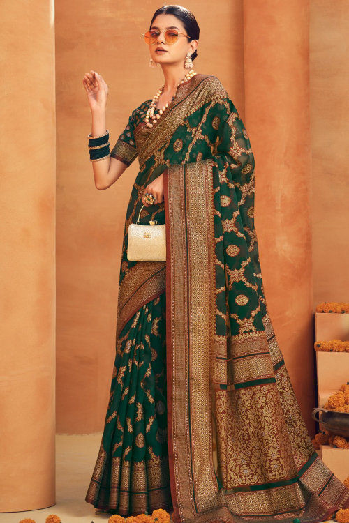 Bottle Green Georgette Woven Zari Broad Border Saree 