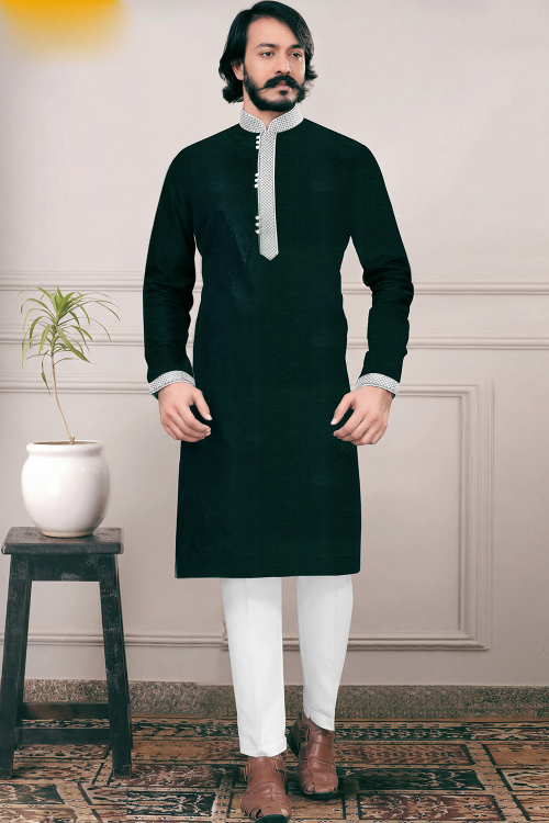 Bottle Green Jacquard Men&#039;s Kurta Pajama With Weaved Work