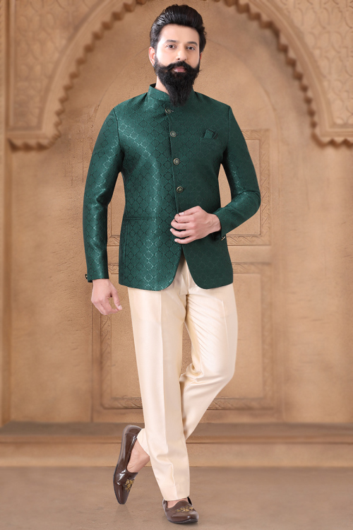 Bottle Green Jacquard Weaved Thread Jodhpuri Men's Coat Pant