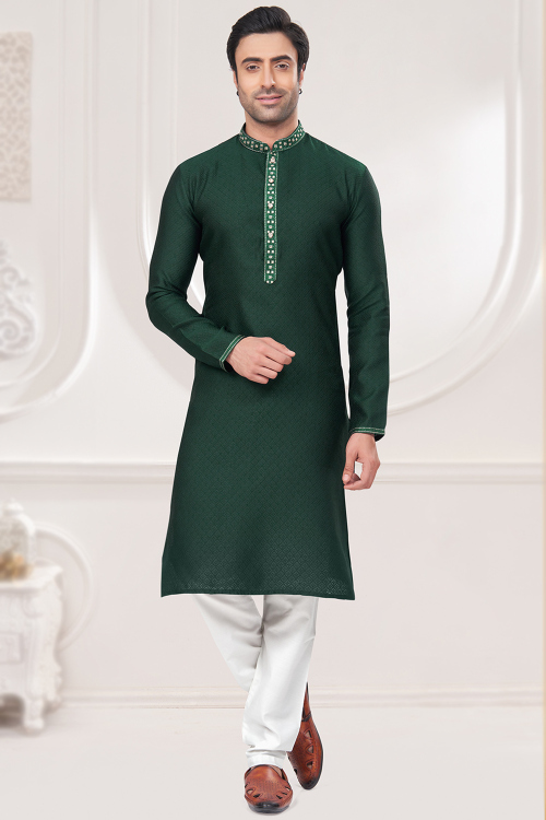 Bottle Green Jacquard Weaved Thread Men's Kurta Churidar 