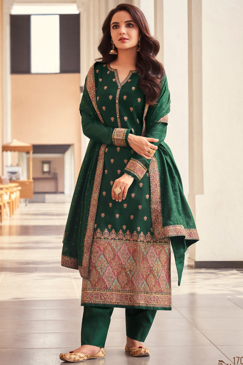 Bottle Green Jacquard Woven Zari Salwar Suit