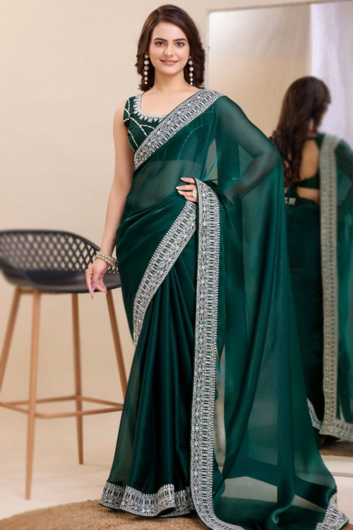 Bottle Green Lace Embroidered Organza Light Weight Saree 