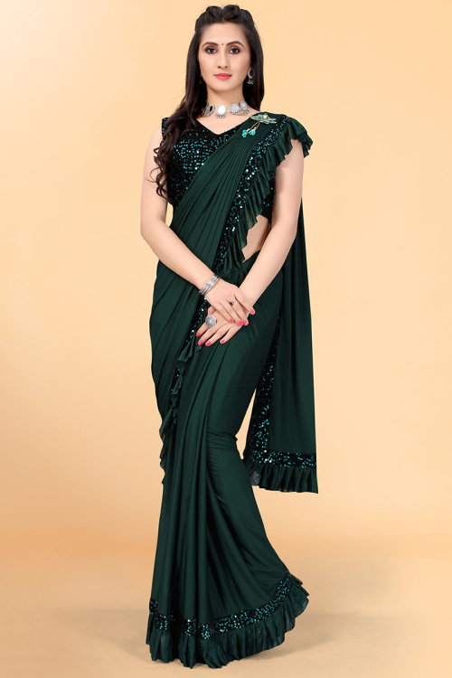Bottle Green Lycra Indian Party Wear Saree