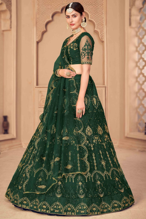 Bottle Green Net A Line Embroidered Lehenga