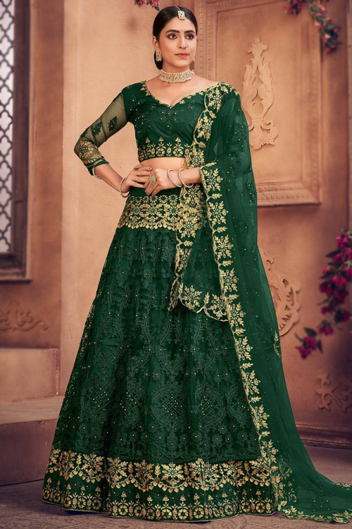 Buy Green Mirror Work Net Lehenga Choli online At Zeel Clothing