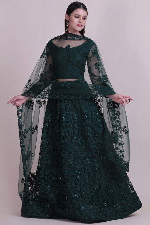 Bottle Green A Line Sangeet Lehenga in Net