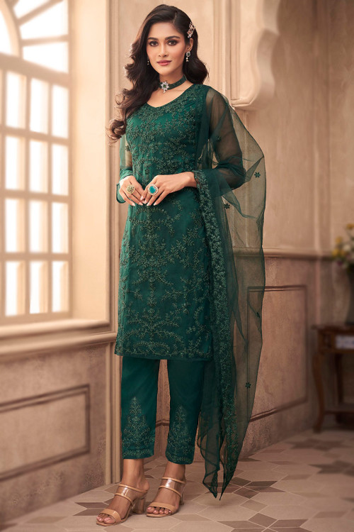 Net Trouser Suit in Bottle Green colour for Party 