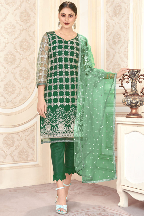 Bottle Green Net Straight Cut Trouser Suit