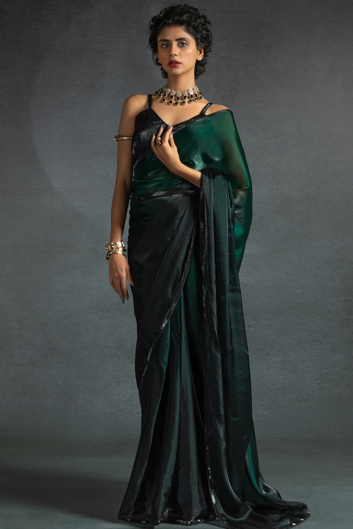 Bottle Green Organza Embroidered Shimmer Saree