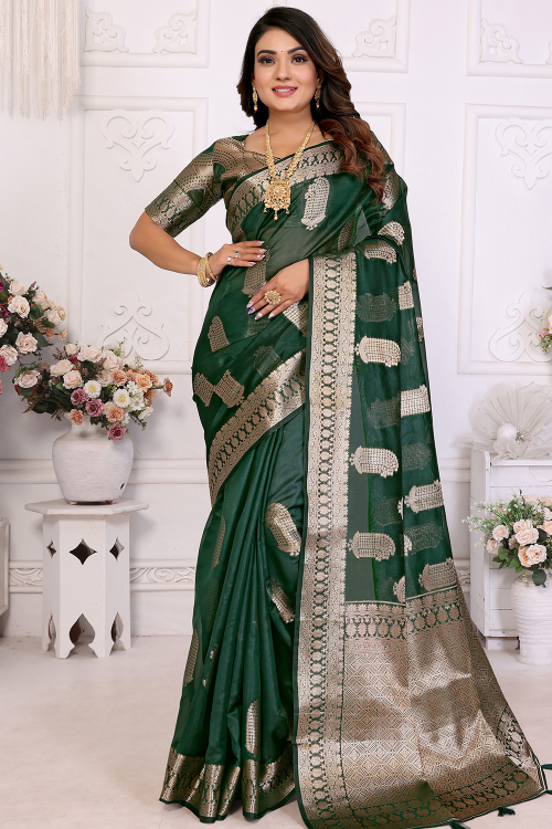 Bottle Green Organza Woven Zari Broad Border Saree 
