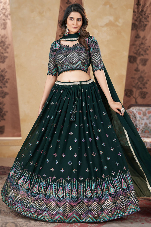 Bottle Green Printed Georgette Flared Style Lehenga For Mehndi 
