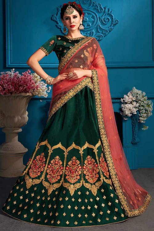 Bottle Green Satin Embroidered Lehenga