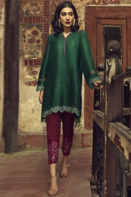 Bottle Green Silk A Line Pakistani Trouser Style Suit