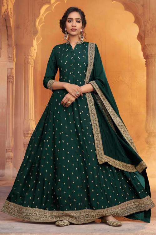 Bottle Green Silk Eid Anarkali Suit With Zari Embroidered Lace