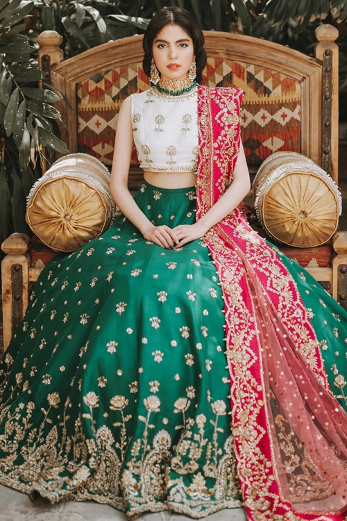 Bottle Green Silk Blend Lehenga with Sequins Work for Mehndi
