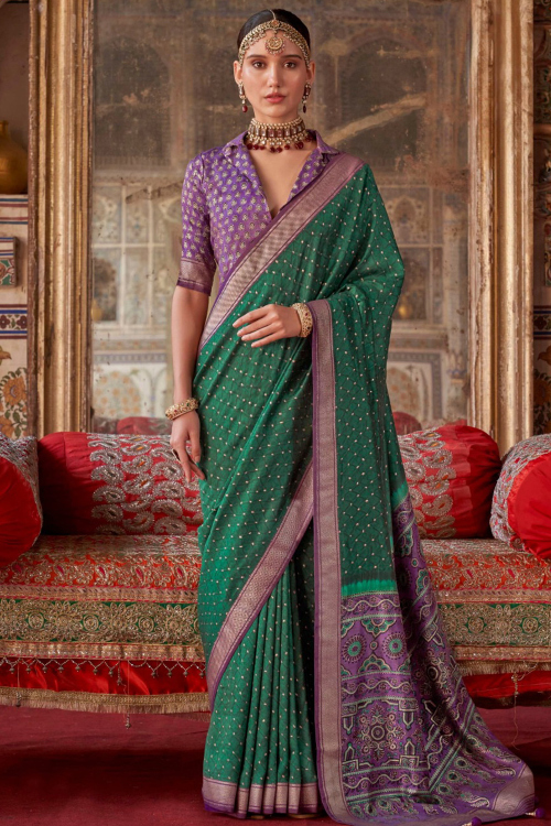 Bottle Green Silk Blend Printed Broad Border Saree 