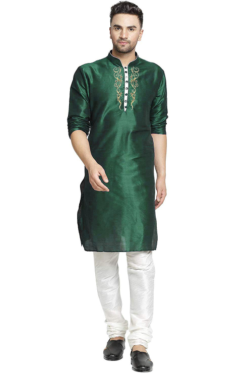 Bottle Green Silk Embroidered Straight Cut Men's Kurta With Churidar
