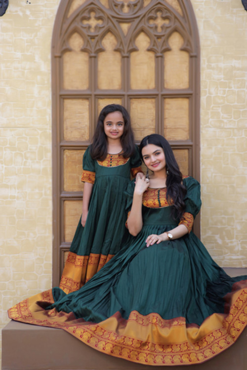 Bottle Green Silk Frock Style Mother-Daughter Gown