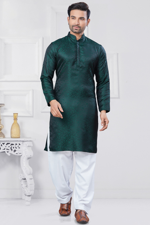 Bottle Green Silk Handloom Straight Cut Men's Kurta With Salwar 