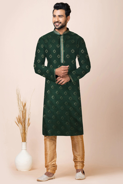 green mehndi dress for men Emerald Green & Gold Cotton Jacquard Kurta main image 1