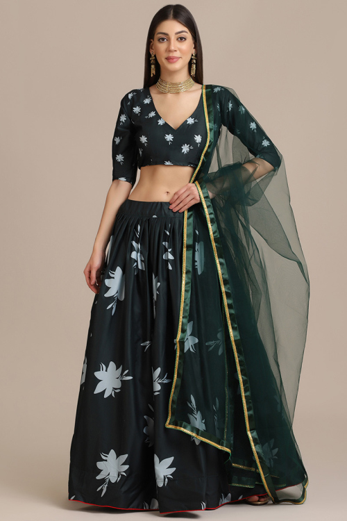 Bottle Green Silk Printed Lehenga