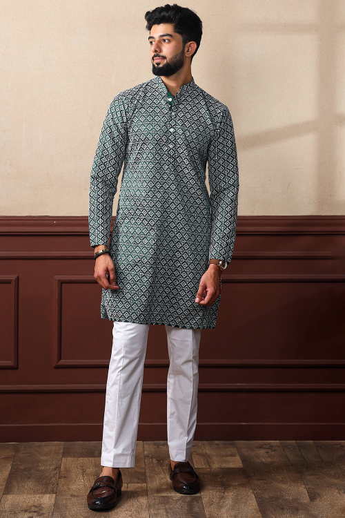 Bottle Green Silk Resham Embroidered Men's Kurta Pajama