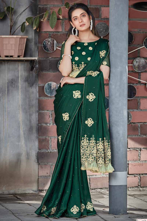 New Stylist Bottle Green Silk Embroidered Saree|SARV117744