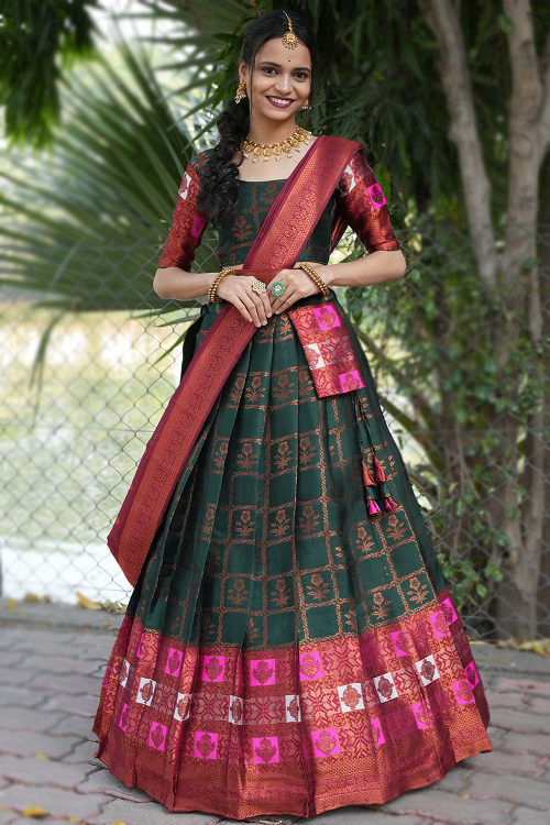 Bottle Green Silk Woven Zari Flared Style Lehenga
