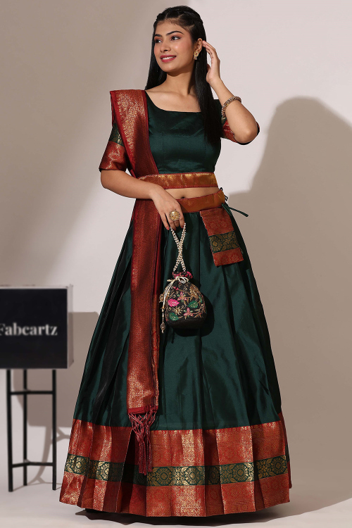 Bottle Green Silk Woven Zari Flared Style Lehenga
