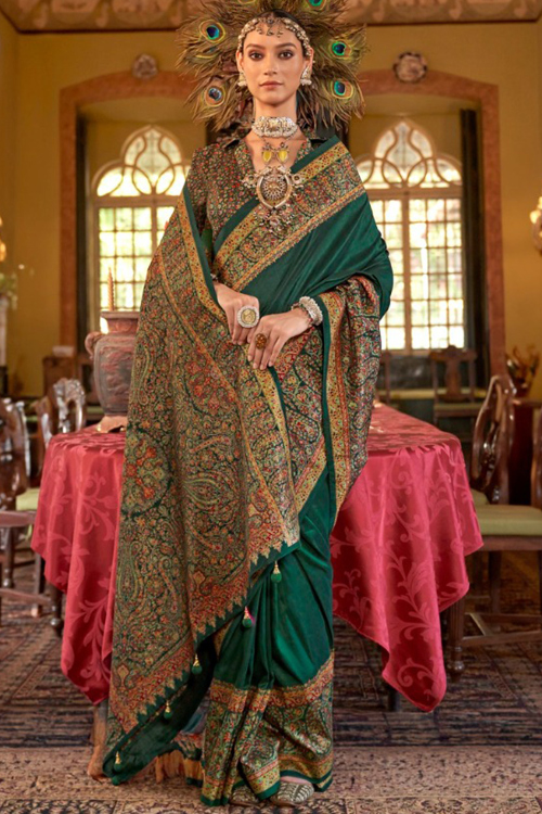 Bottle Green Soft Silk Saree with Printed Work for Mehndi