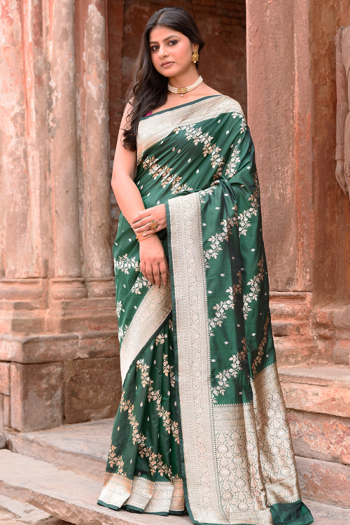Bottle Green Soft Silk Woven Zari Broad Border Saree 