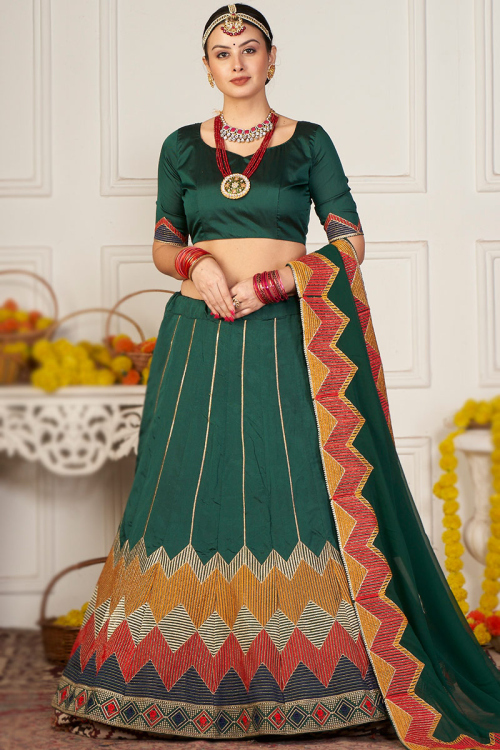Bottle Green Taffeta Silk Embroidered Panelled Style Lehenga