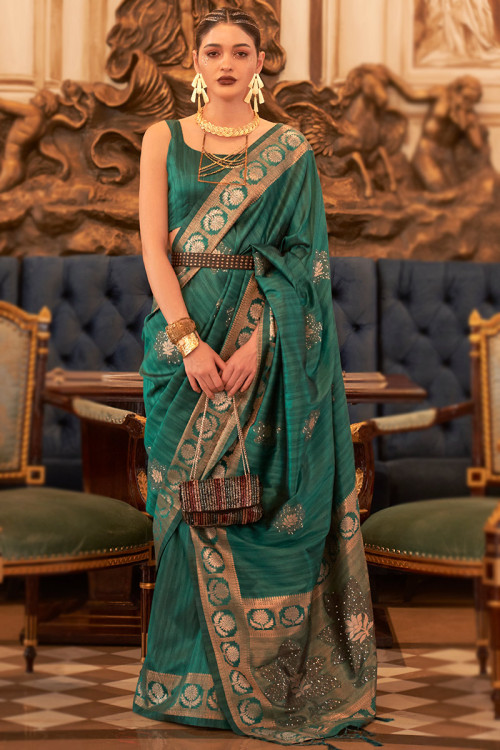 Teal Green Silk Plain Saree With Embroidered Lace