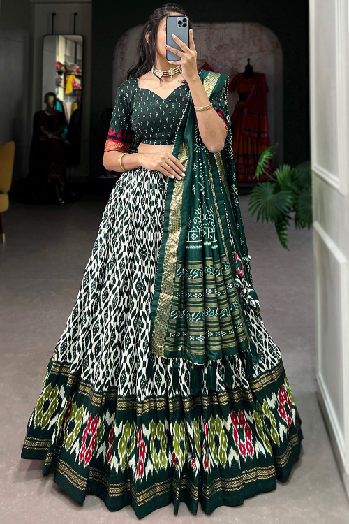Bottle Green Tussar Silk Lehenga With Printed Work For Diwali