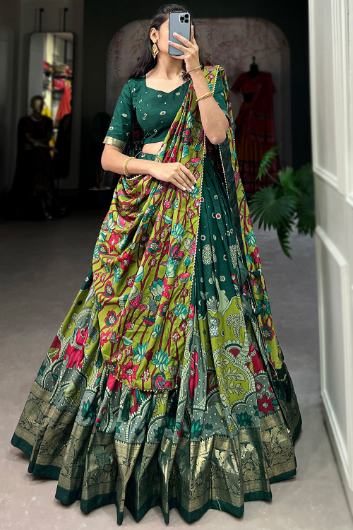 Bottle Green Tussar Silk Lehenga With Zari Work For Diwali