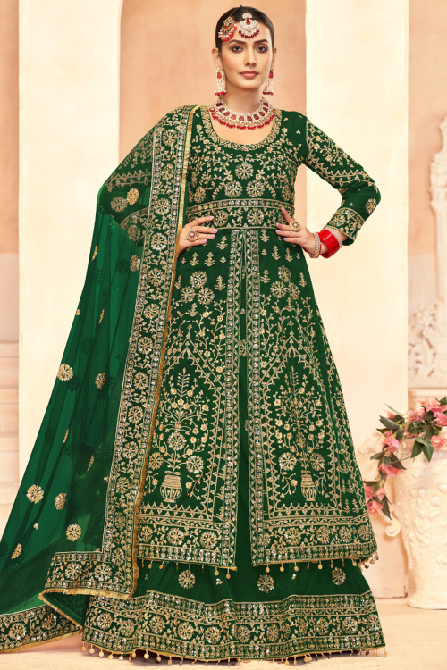 Bottle Green Velvet Lehenga With Sequins Work for Wedding Wear