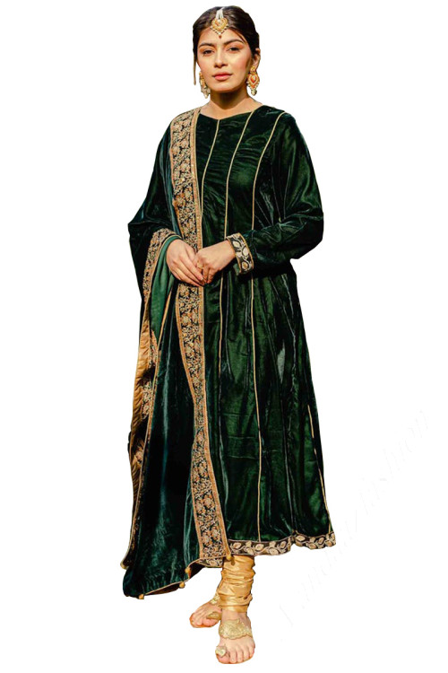 Bottle Green Velvet Pakistani Anarkali Suit With Churidar for Eid
