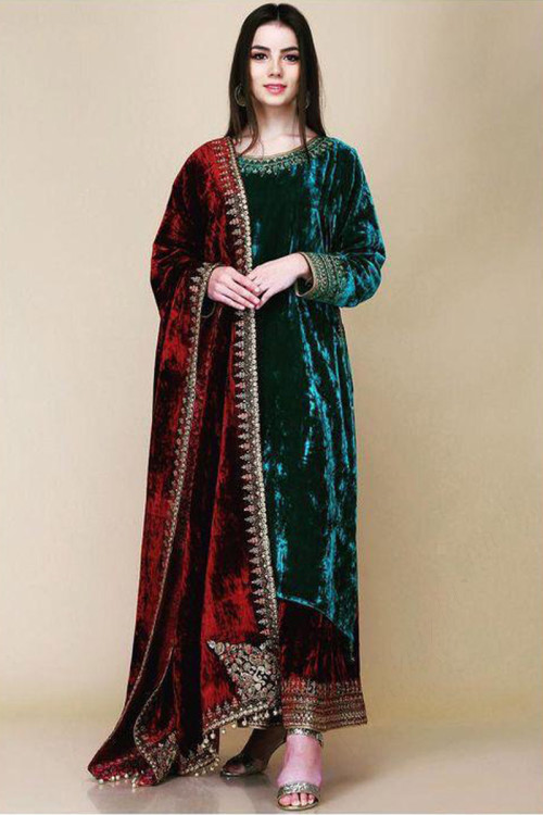 Buy Velvet Designer Palazzo Salwar Kameez in Green Online -