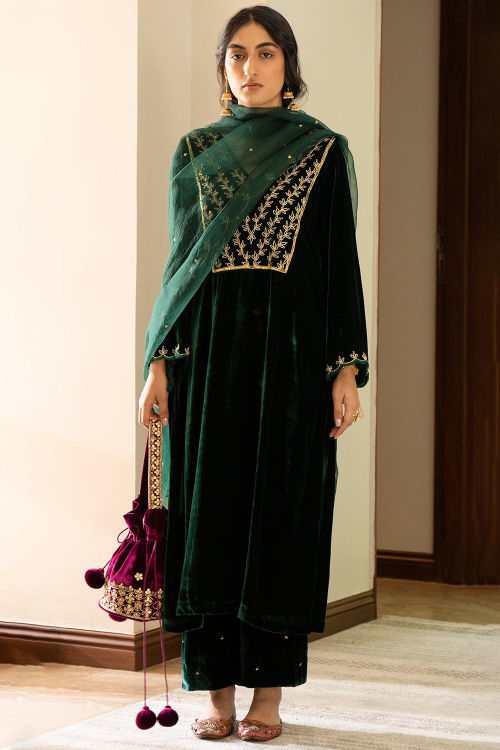 Bottle Green Velvet Trouser Suit with Zari Embroidered For Wedding Wear
