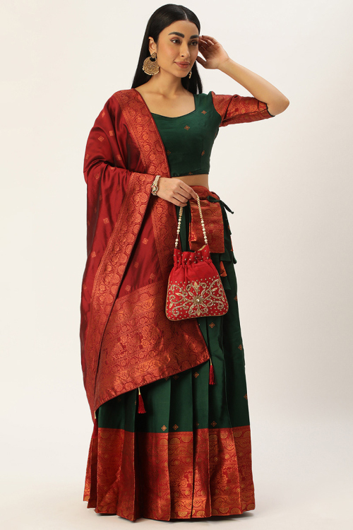 Bottle Green Woven Zari Silk Pleated Lehenga