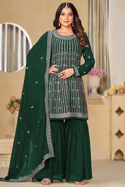 Bottle Green Zari Embroidered Georgette Sharara Suit For Mehndi 