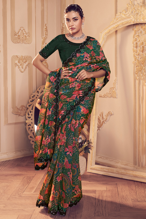 Teal Green Silk Printed Floral Saree