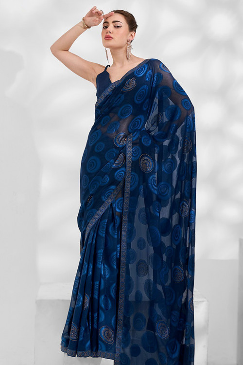 Brasso Navy Blue Lace Embroidered Fancy Saree