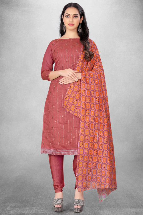 Brick Red Chanderi Cotton Straight Cut Churidar Suit