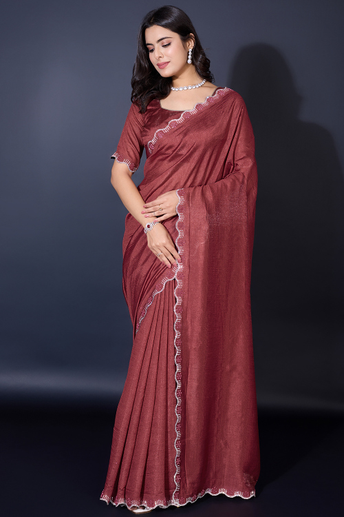 Brick Red Chanderi Silk Saree with Pearl Work for Diwali Wear