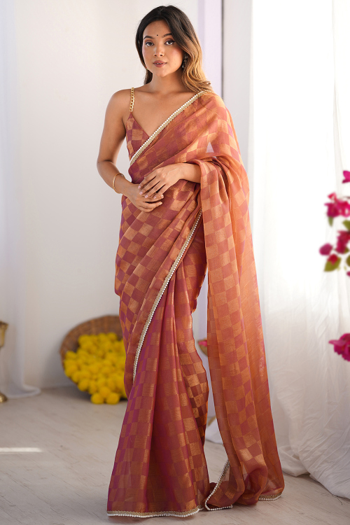Brick Red Chiffon Saree With Printed Work For Festival 