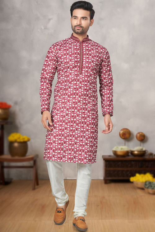 Brick Red Cotton Embroidered Men's Kurta With Churidar 
