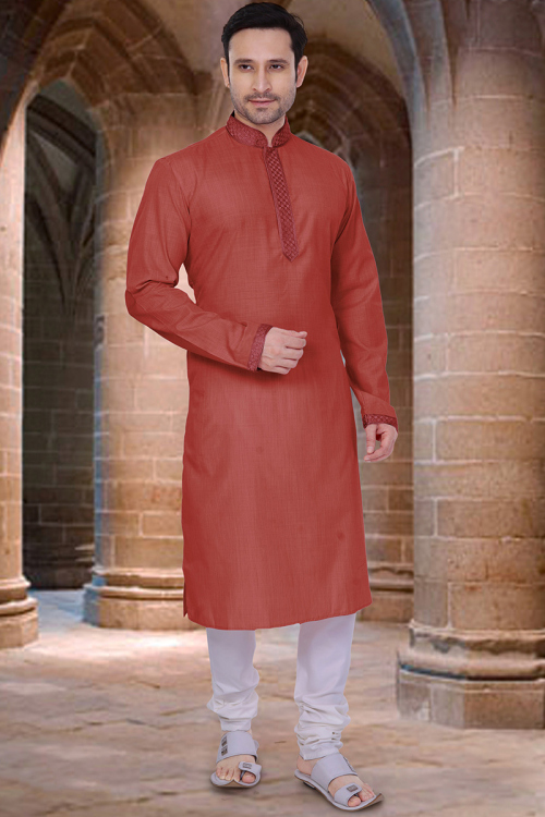 Brick Red Cotton Lace Embroidered Men's Kurta Churidar 