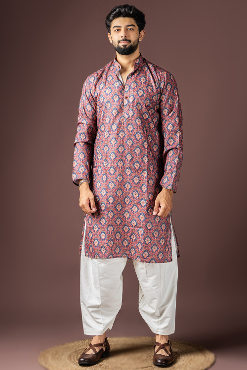 Brick Red Cotton Men's Kurta Pajama With Printed Work