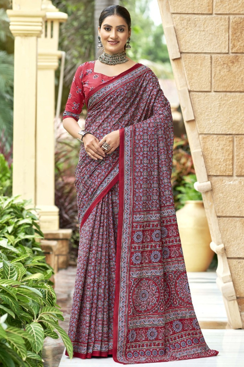 Brick Red Cotton Printed Casual Wear Saree 